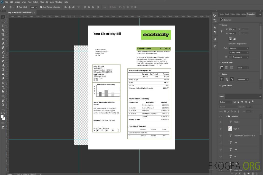Modèle de facture de services publics d'électricité d'Ecotricity au Royaume-Uni aux formats Word et PDF template